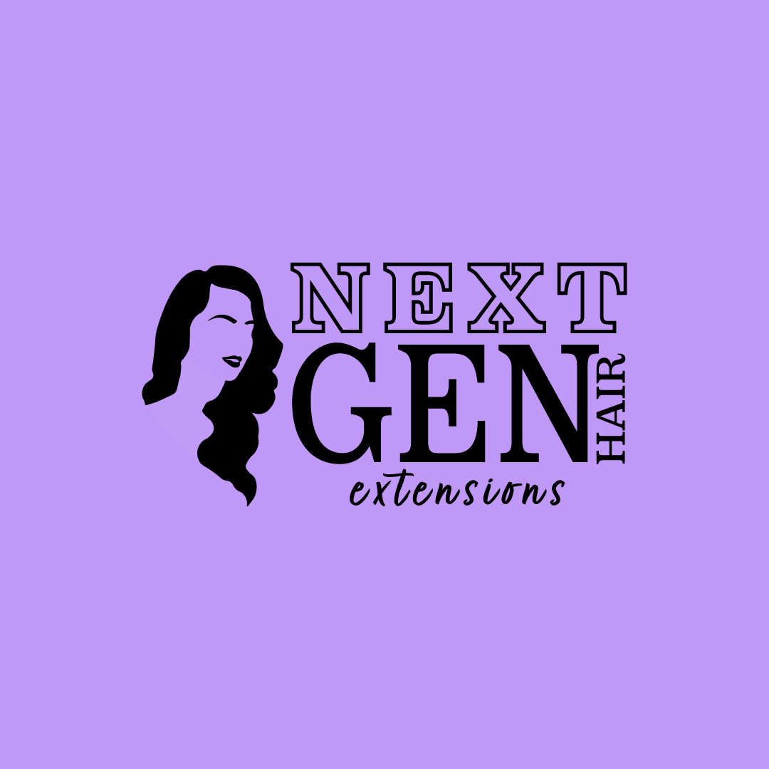 Logo for Next Gen Hair Extensions with a silhouette of a woman with long, wavy hair and the text "Next Gen Hair Extensions" on a lavender background.