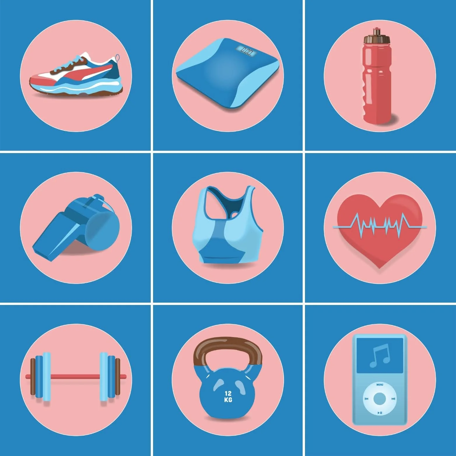 A collage of fitness and exercise icons including a running shoe, digital scale, water bottle, dumbbell, sports bra, heart with heartbeat line, barbell, kettlebell, music player, and a donut.