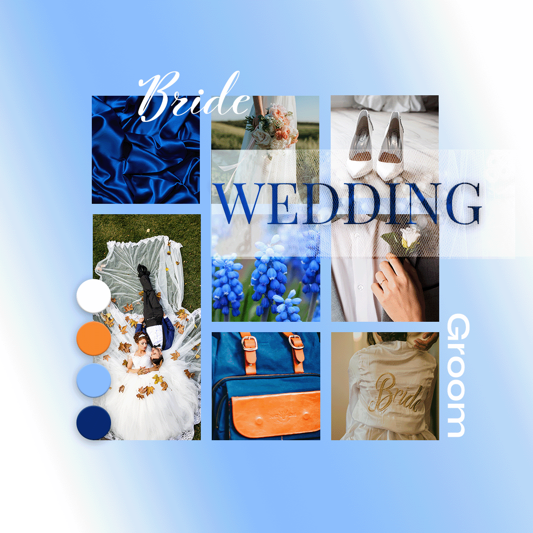 Collage of wedding-related items including a blue satin fabric, bride holding a bouquet, white high heels, bride's dress with 