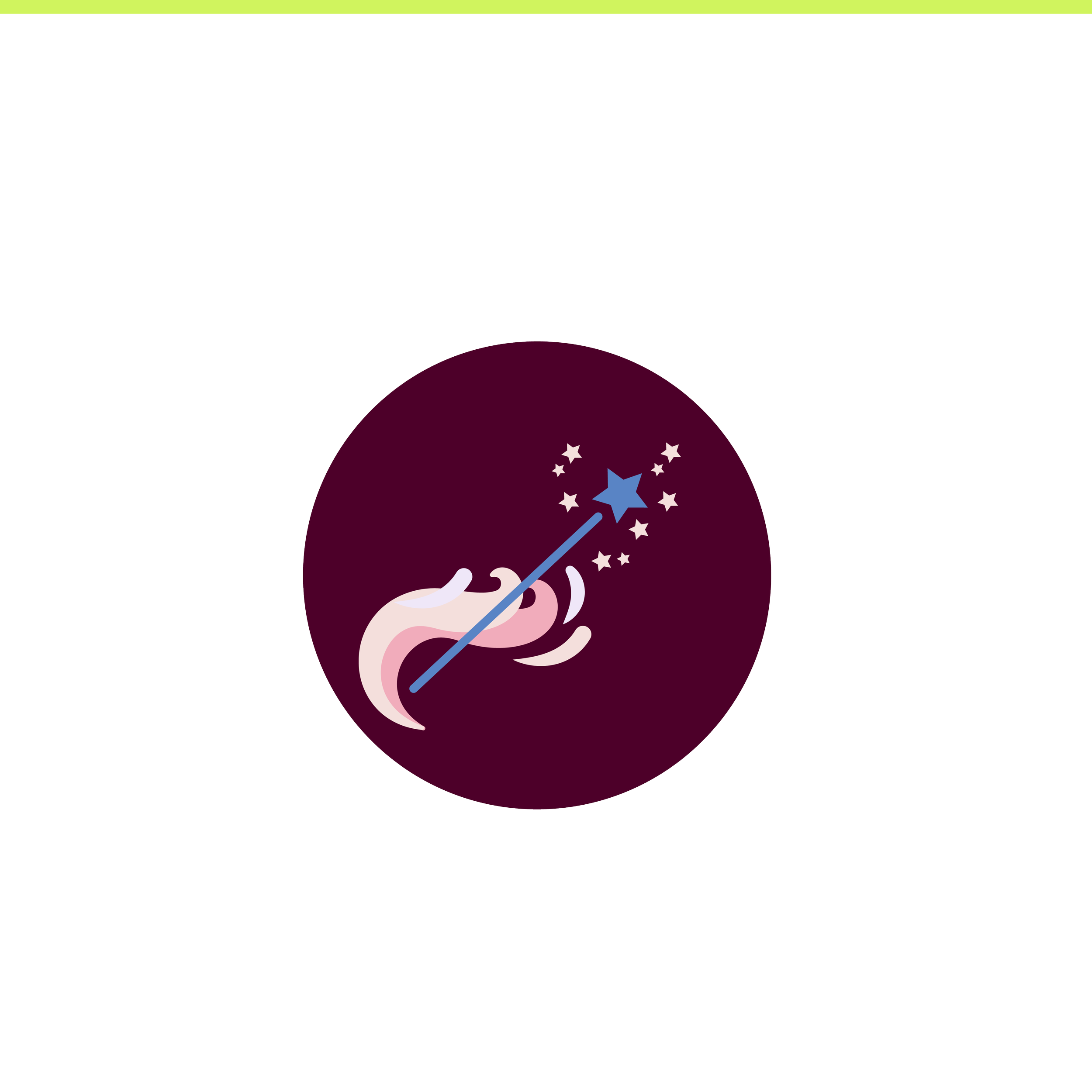 A cartoon illustration shows a hand holding a magic wand pointed towards a crescent moon with stars surrounding a larger star. The background is dark purple with a large circle behind the moon and stars.