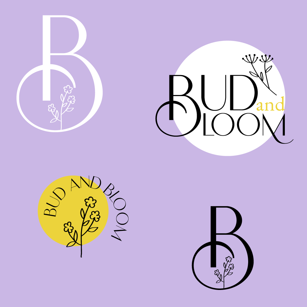 Stylized graphic with multiple circular logos featuring the text 'Bud and Bloom' with floral designs, set against a lavender background.