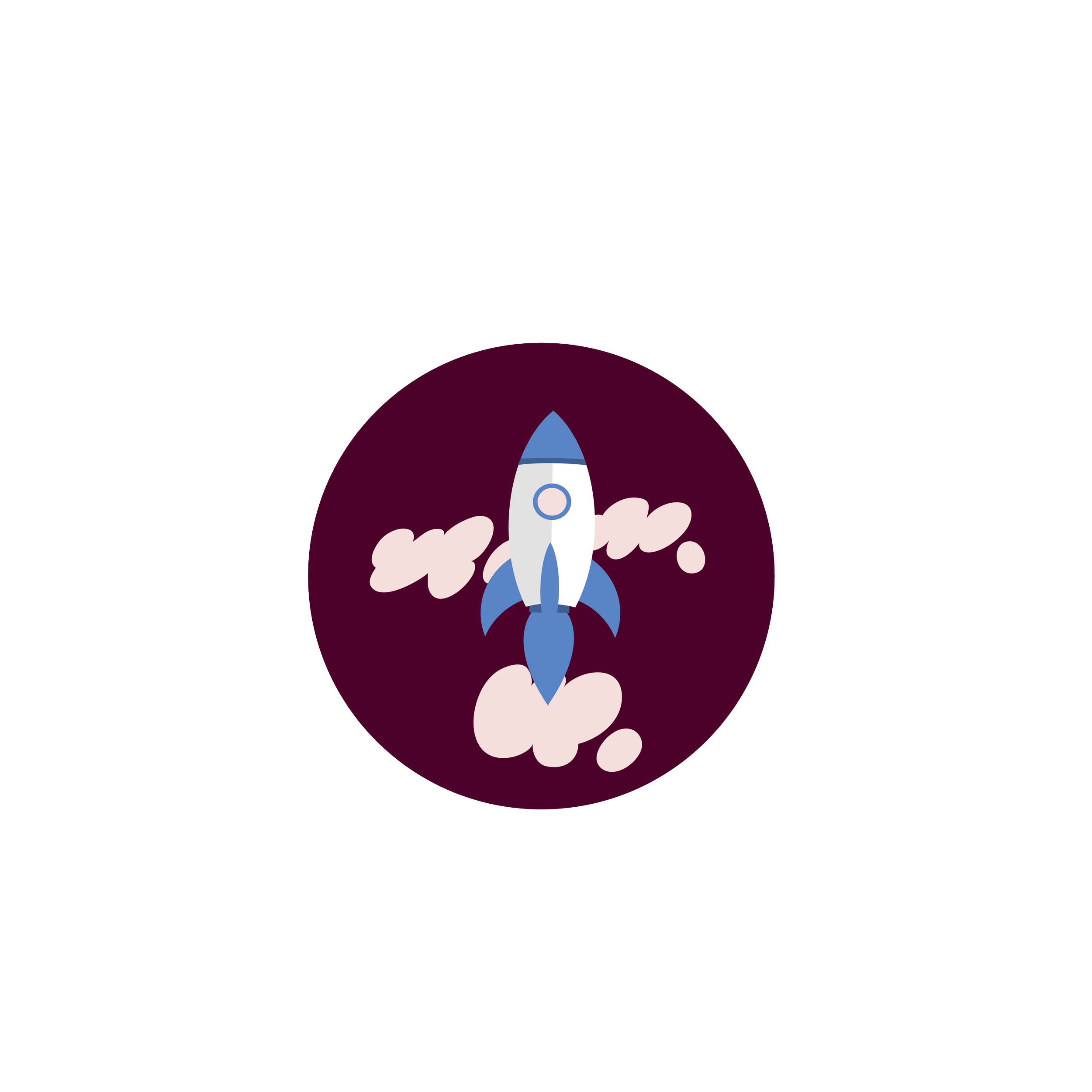 Cartoon rocket launching with pink smoke against a dark background