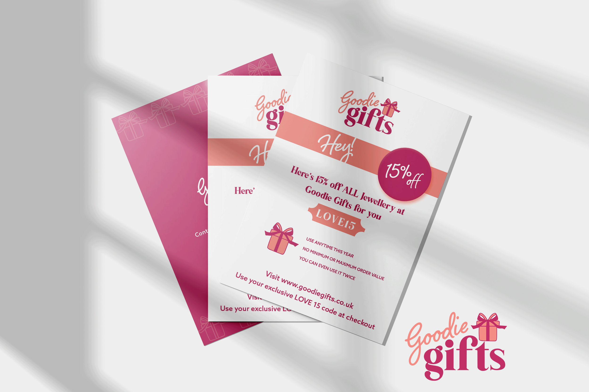 Three promotional flyers for Goodie Gifts, offering 15% off on jewelry, with pink and white designs, gift box icons, and discount information.