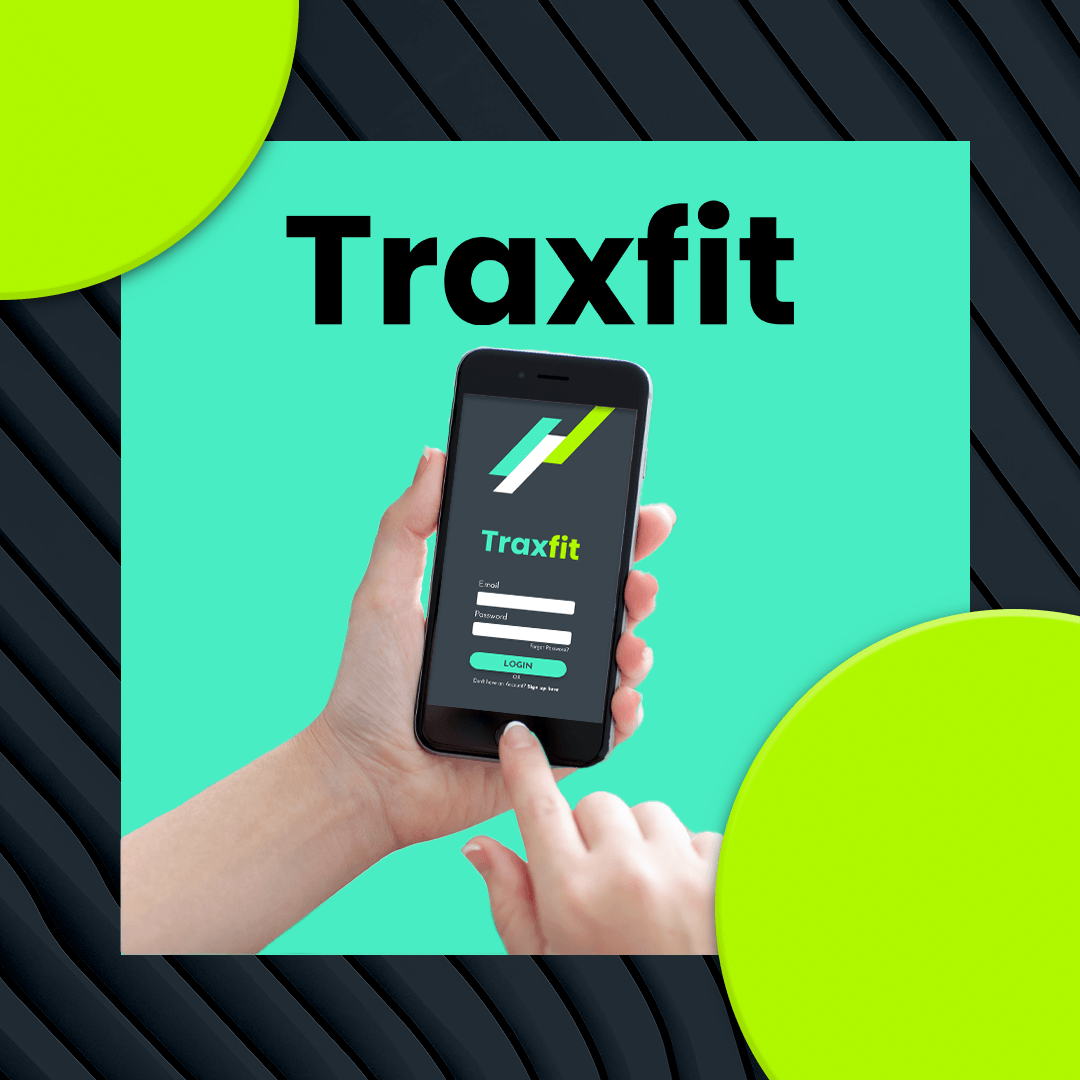 A hand holding a smartphone displaying the Traxfit app login screen, set against a teal background with black diagonal lines and bright green circles.