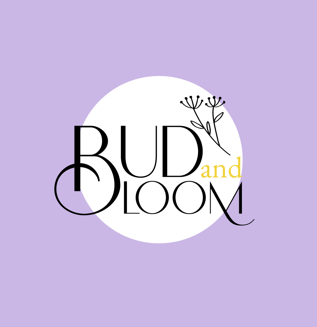Logo for 'Bud and Bloom' with stylized text and floral illustrations on a purple background.