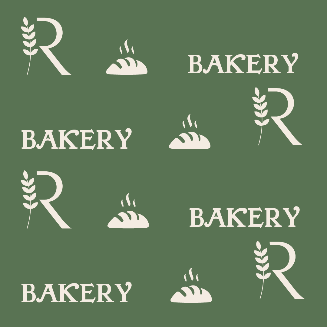 Green bakery sign with white text reading "Bakery" and a large letter R with a wheat stalk, and icons of bread and steam.