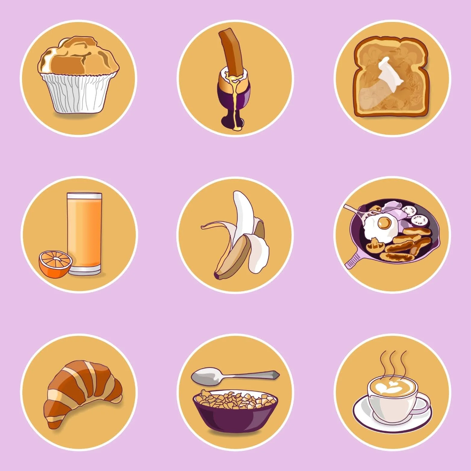 Illustrations of breakfast foods, including a muffin, an egg in an egg cup, a slice of toast with butter, a glass of orange juice, a banana with yogurt, a bowl of cereal, a croissant, a spoon with cereal, and a cup of coffee.