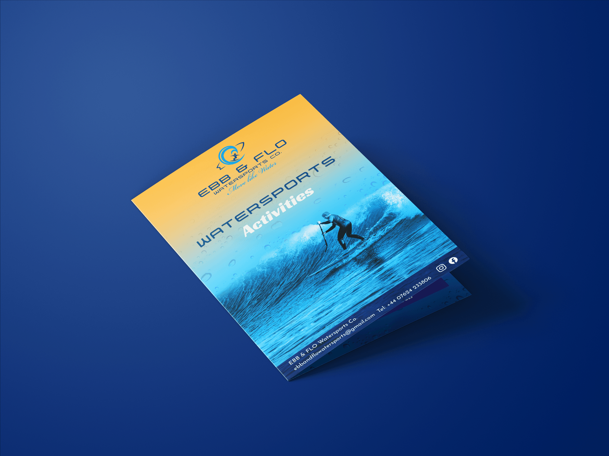 Brochure for EBB & FLO Water Sports Co. featuring a person paddleboarding on the water during sunset or sunrise, with text about water activities and contact information.
