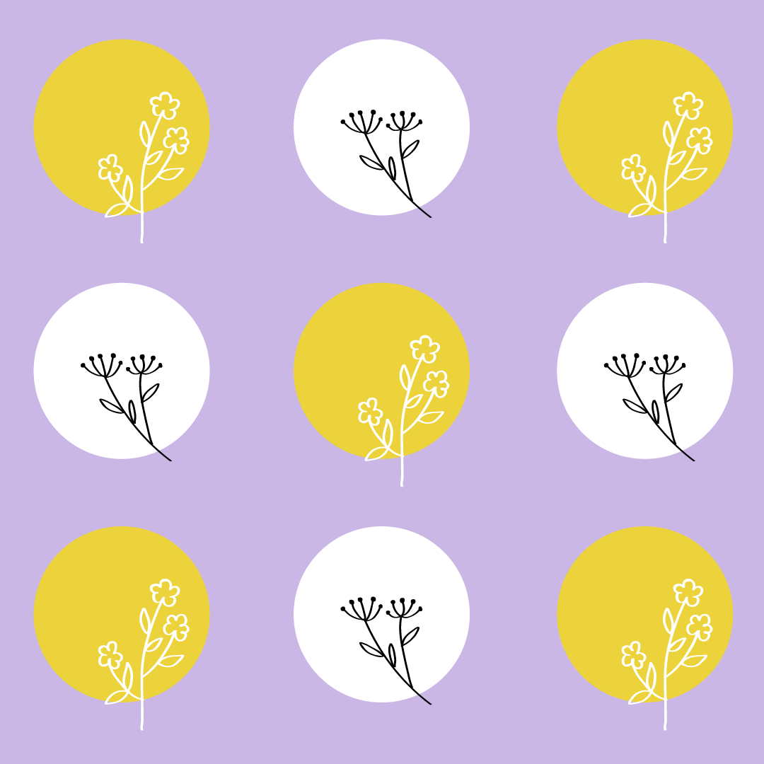 Pattern with alternating white and yellow circles featuring simple black and white floral line drawings on a lavender background.