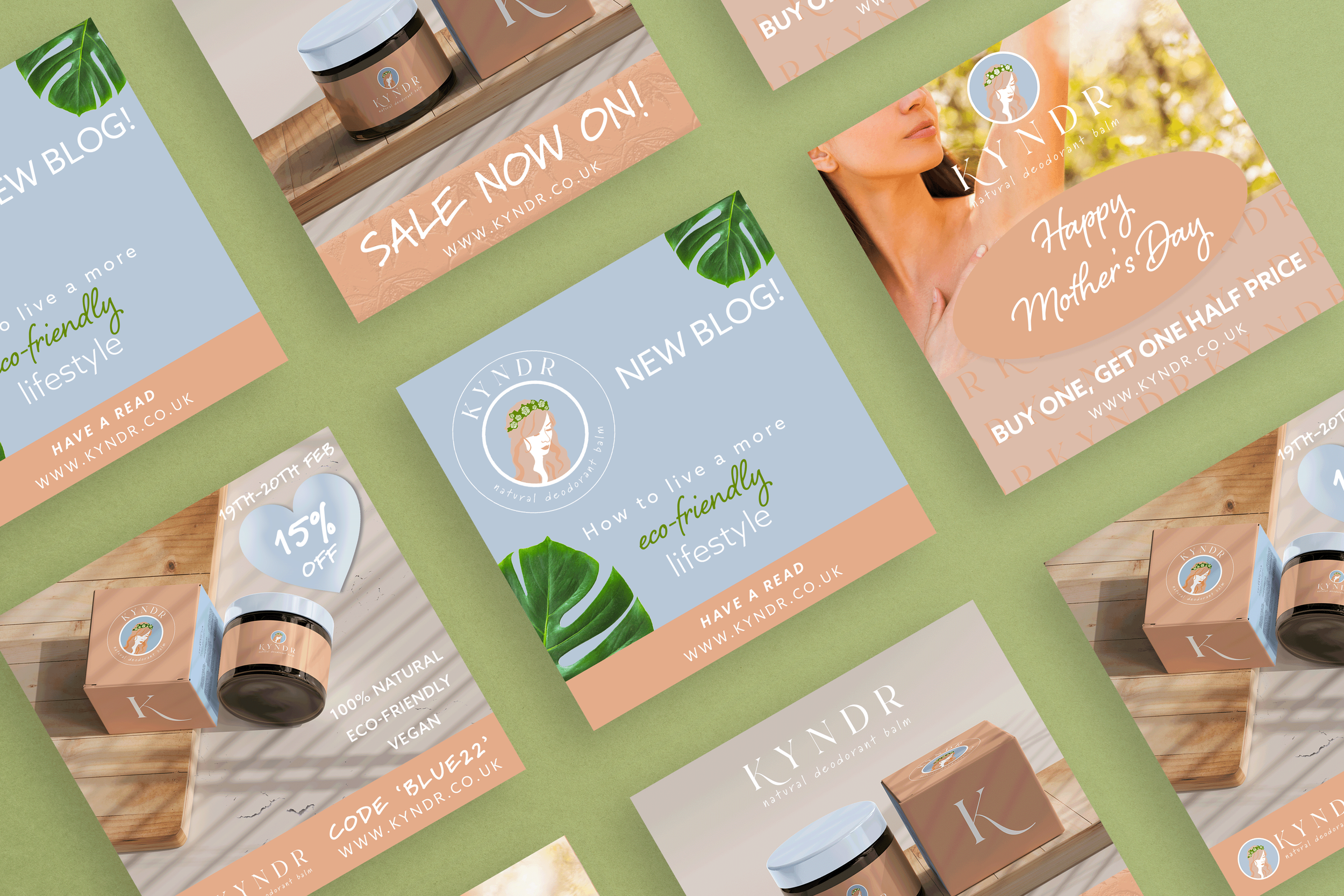 A promotional collage for KYND natural deodorant balm featuring product images, flyers with sale and Mother’s Day messages, and branding elements with green leaves, pastel colors, and wooden textures.