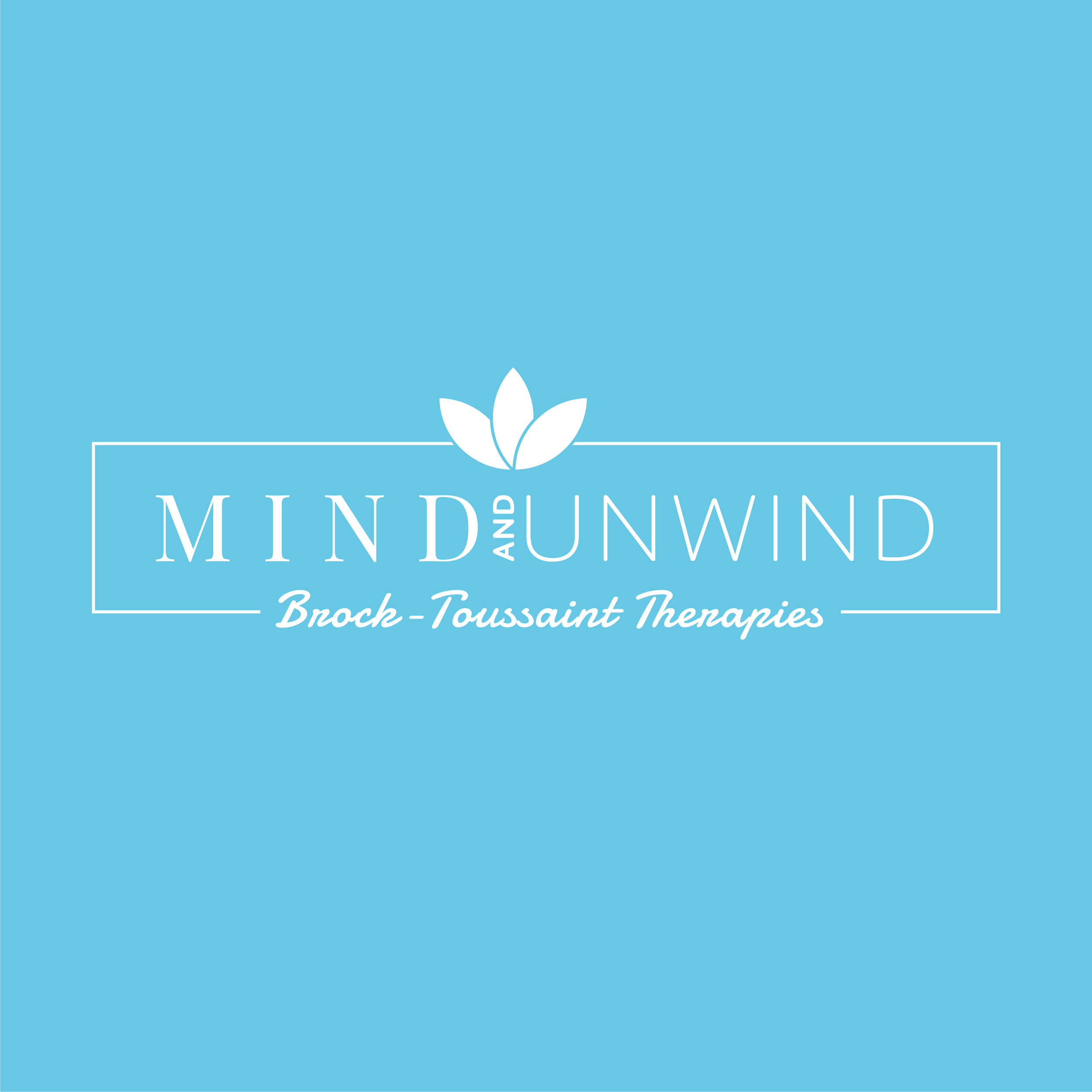 A promotional blue background for Mindful and Mindful Therapy, featuring a white lotus flower and text promoting break Toussant therapies.