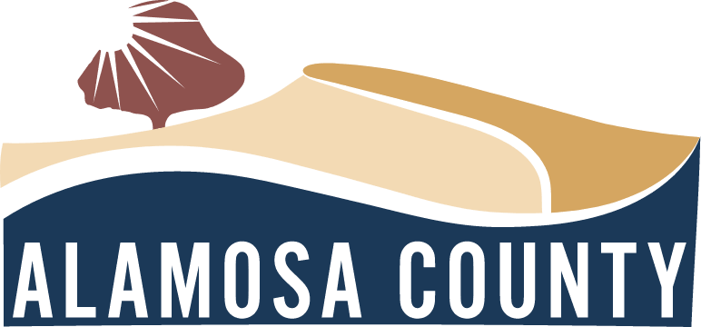 Graphic design of a landscape with a mountain, water, and a boat, along with the text "Alamosa County."