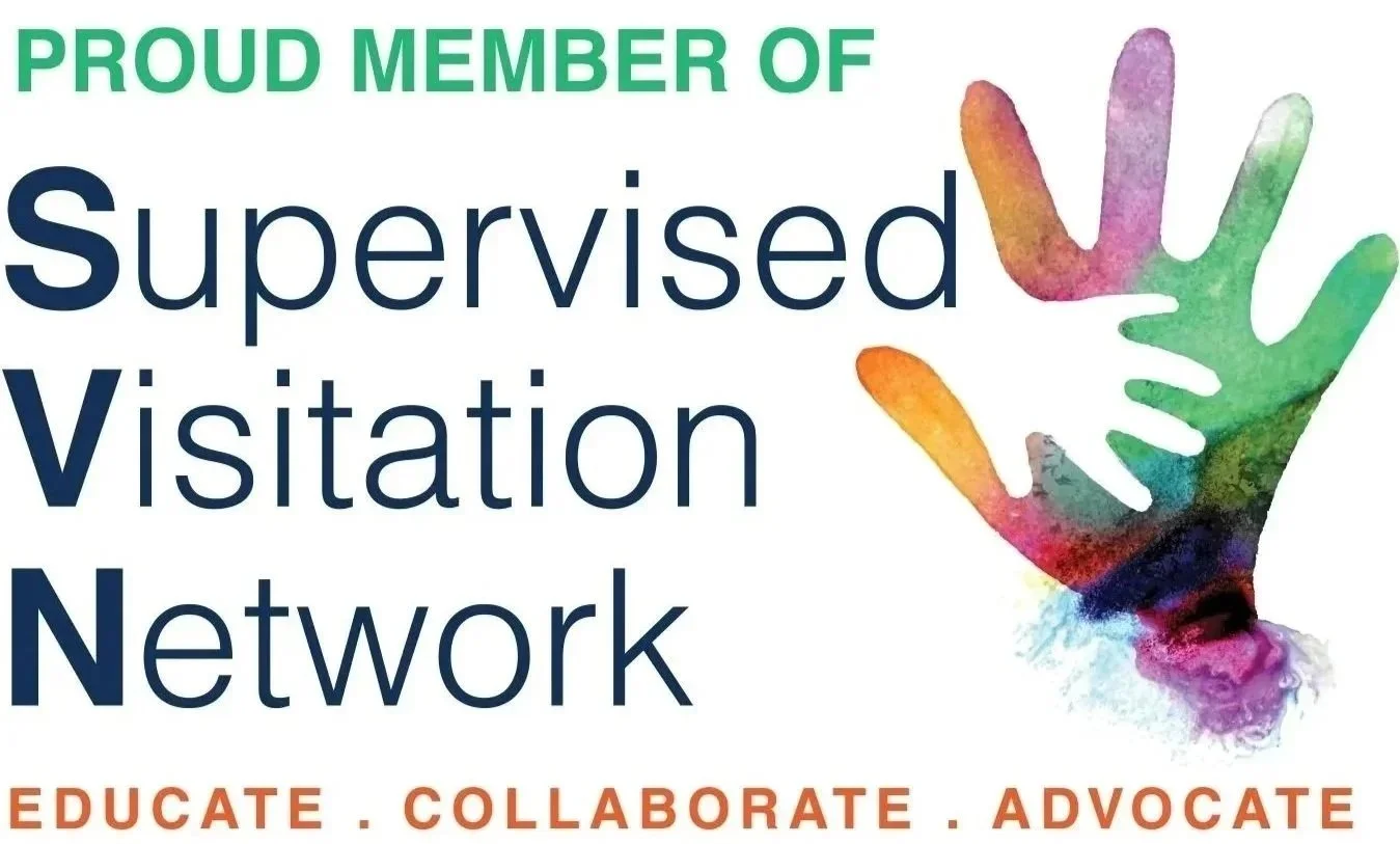 A colorful, watercolor-style handprint with overlapping colors next to the text 'Proud Member of Supervised Visitation Network.' The words 'Supervised Visitation' are written in large, dark blue letters, and the phrases 'Educate,' 'Collaborate,' and 'Advocate' are written in smaller, orange letters at the bottom.