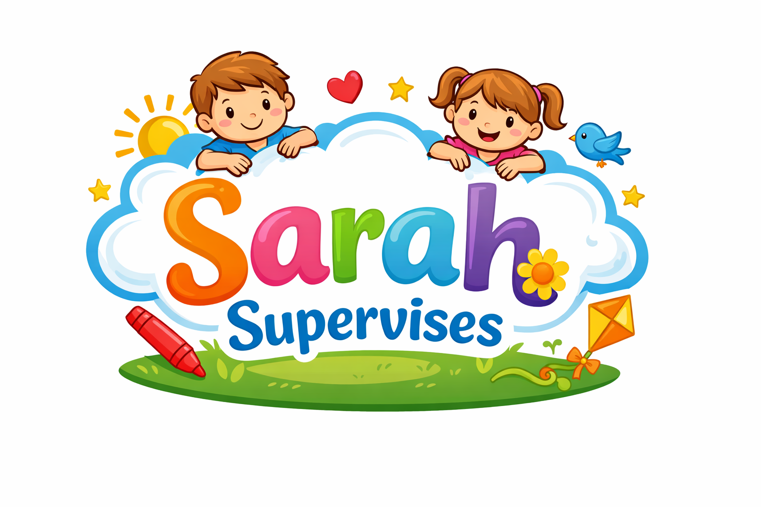 Colorful cartoon logo for 'Sarah Supervises' featuring two children peeking over a cloud, with bright sun, blue bird, red crayon, yellow and orange kite, and various decorative stars and flowers.