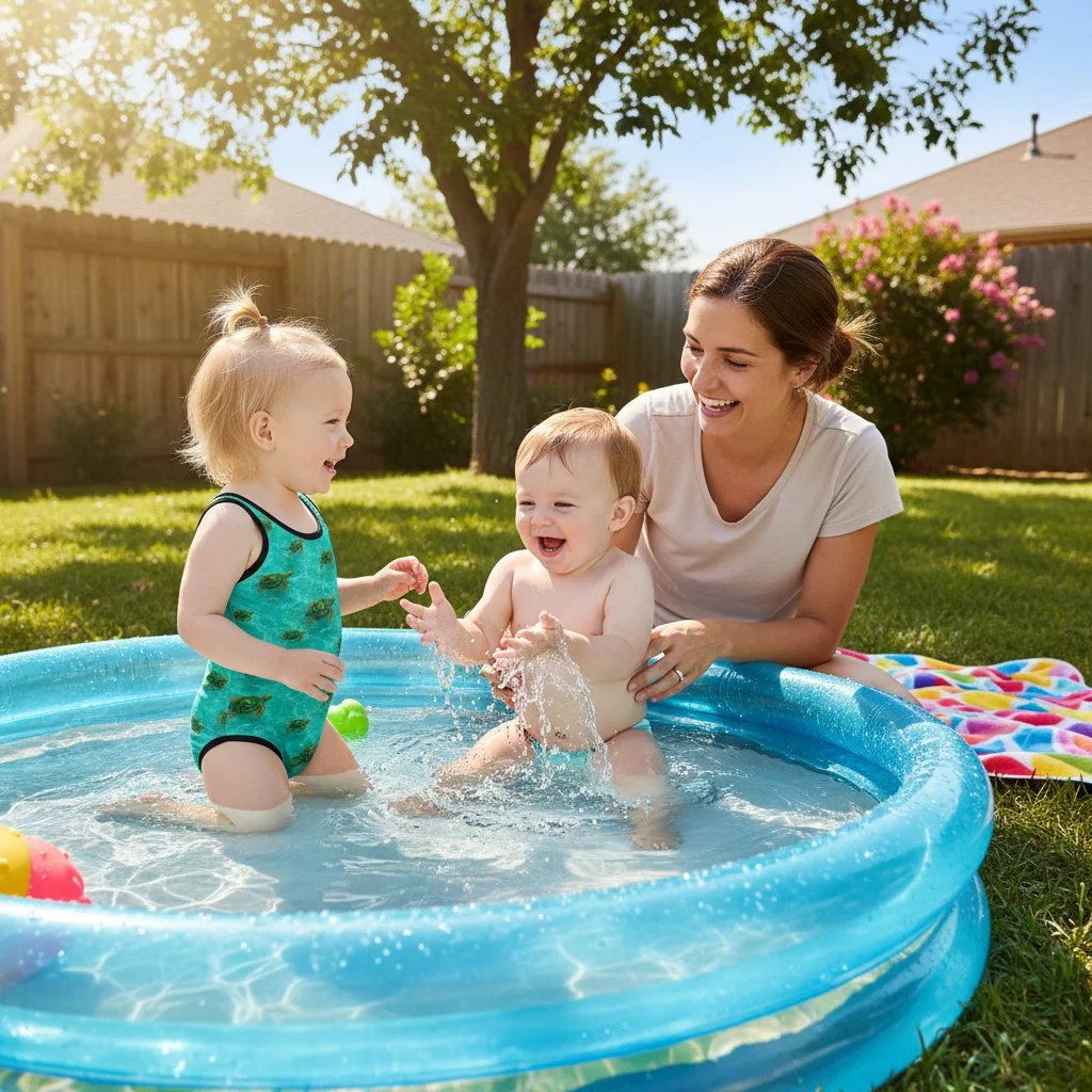 Toddler wearing sea turtle swimsuit in the pool.jpg