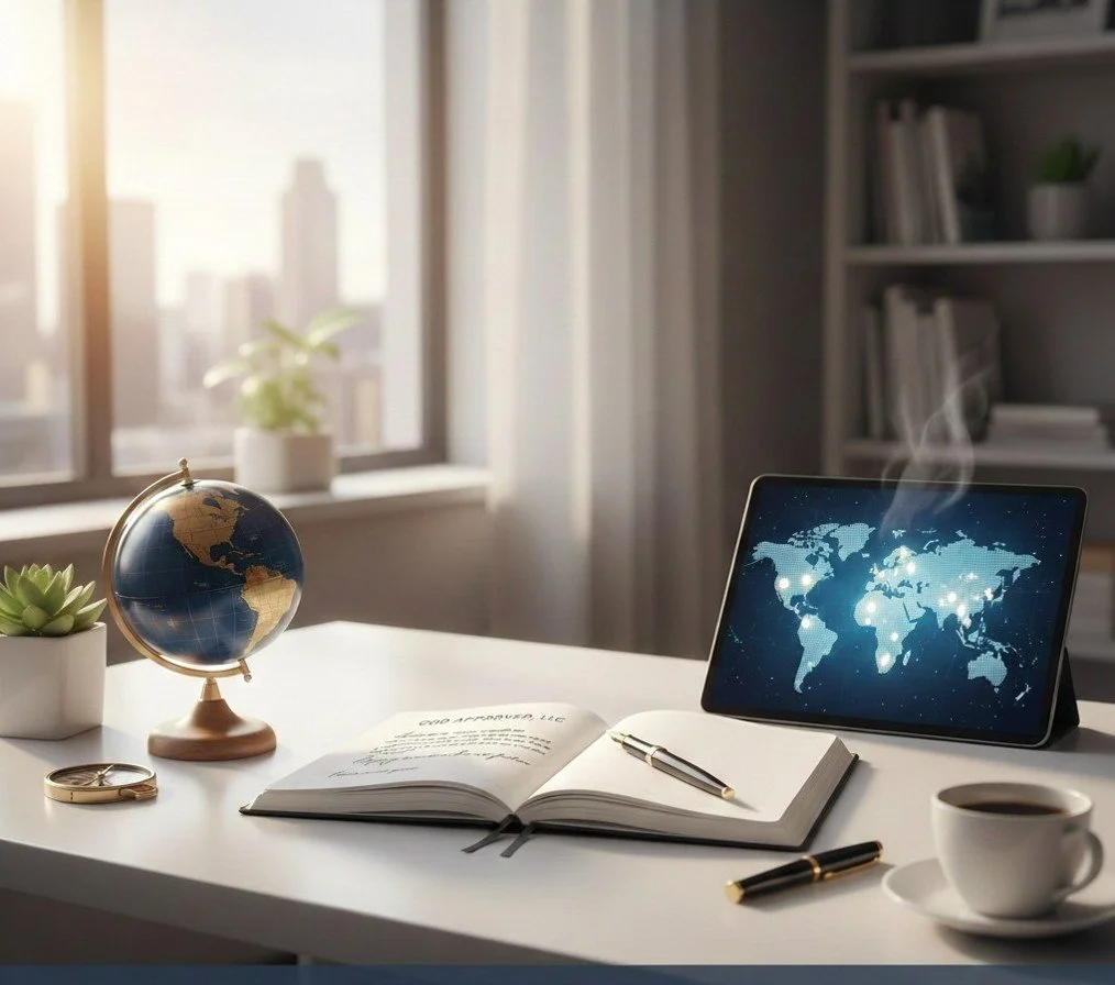 Desk with a globe, open notebook with pen, tablet showing digital world map, coffee cup, and potted plants near window with city view.