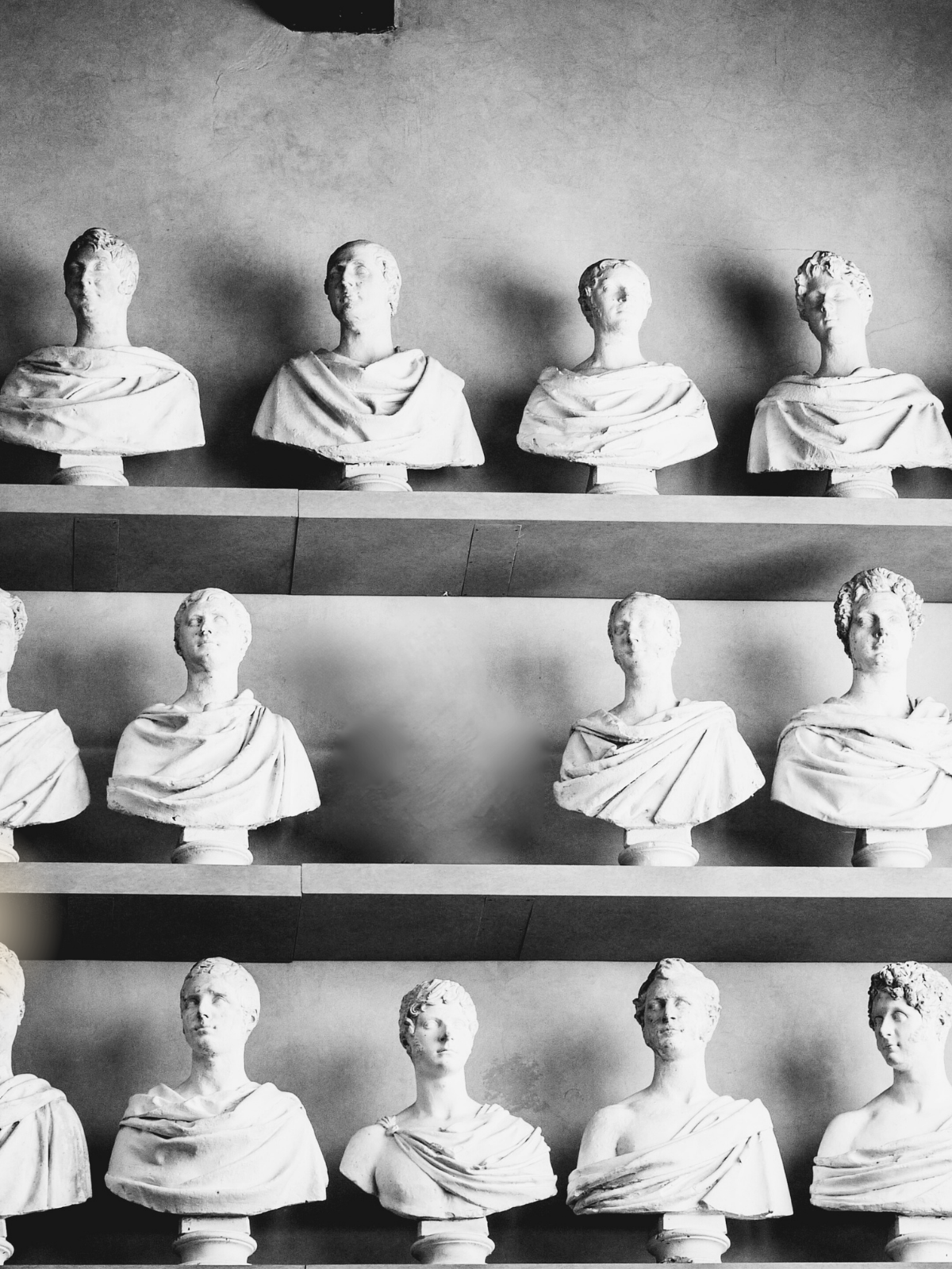 Black and white photo of multiple bust sculptures of classical figures displayed on three separate shelves.