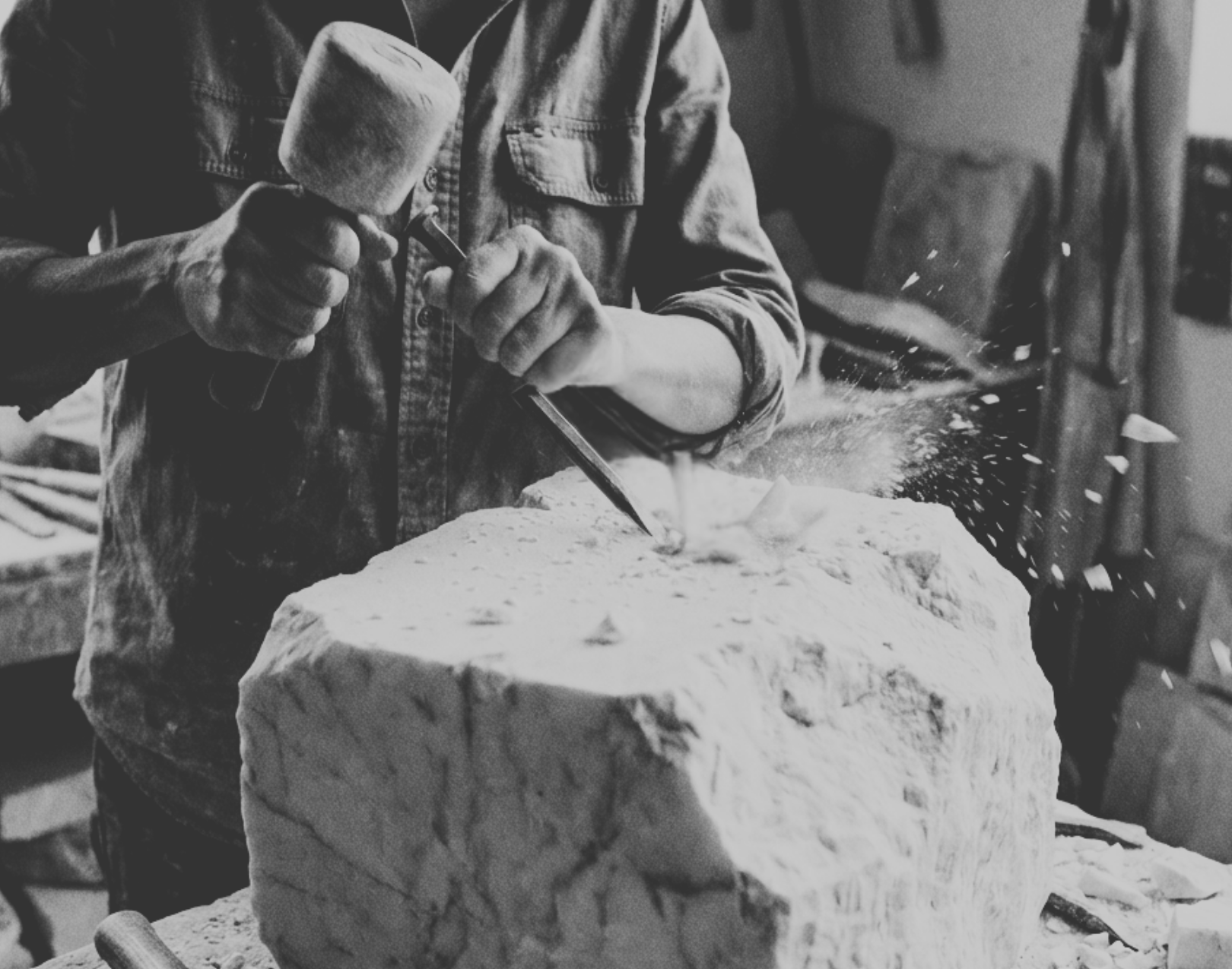 A person carving a large block of stone with a chisel and hammer, in a workshop setting.