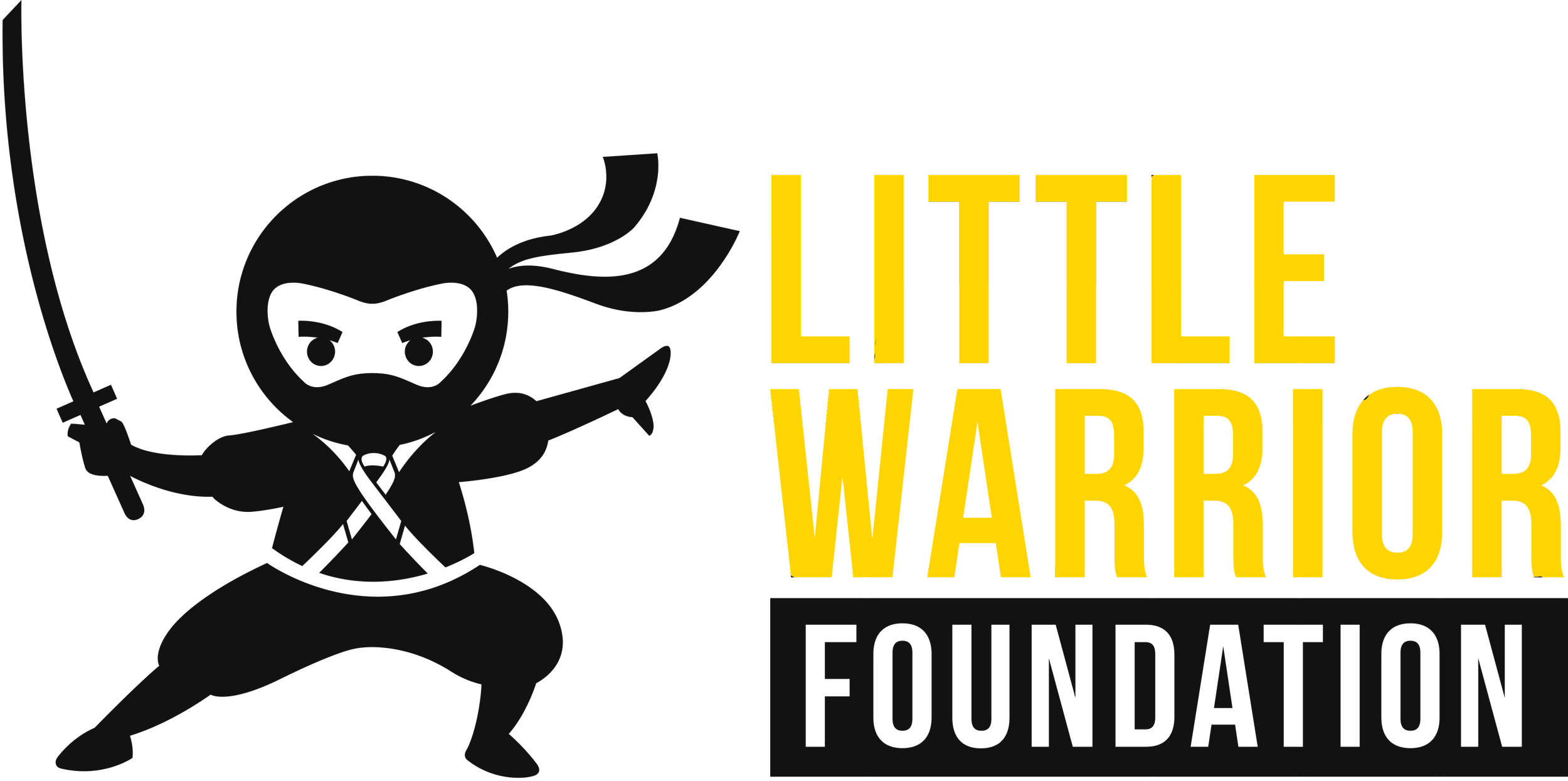 A logo for the Little Warrior Foundation featuring a cartoon ninja warrior holding a sword, with the foundation's name in large yellow and black text.