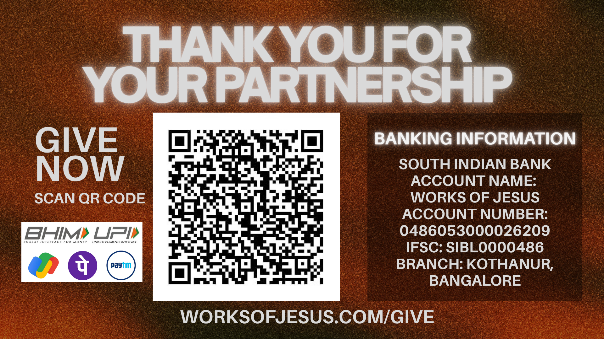 QR code for donations and account details for Works of Jesus.