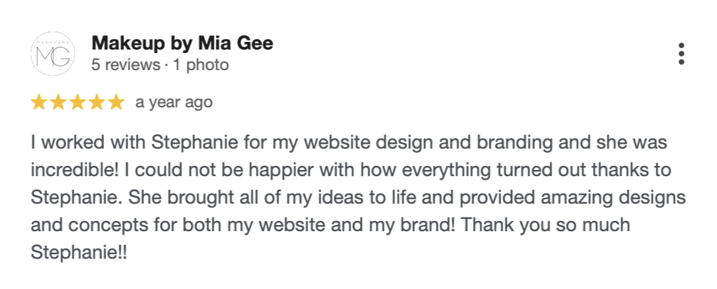 Screenshot of a Yelp review for Makeup by Mia Gee, praising her design and branding work for a website.