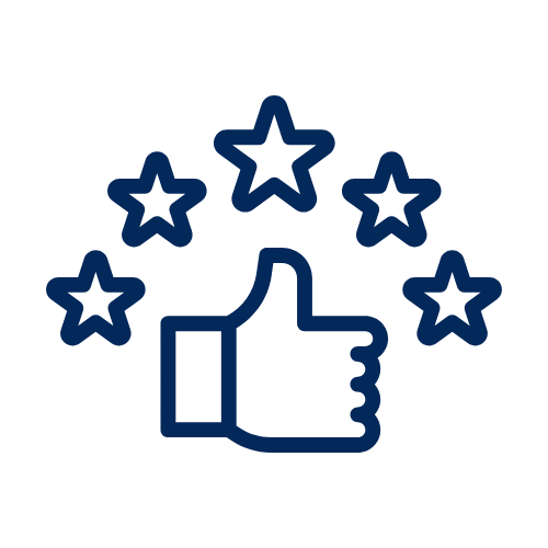 Thumbs up with five stars arranged in a semicircle above it.