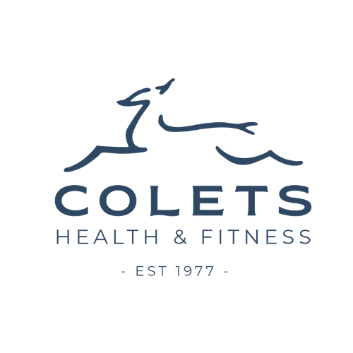 Logo of Colets Health & Fitness with a stylized swimmer icon, text indicating establishment since 1977.