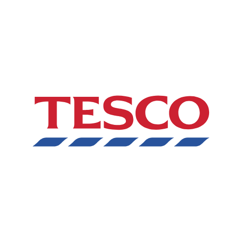 Tesco logo with red lettering and blue striped underline.
