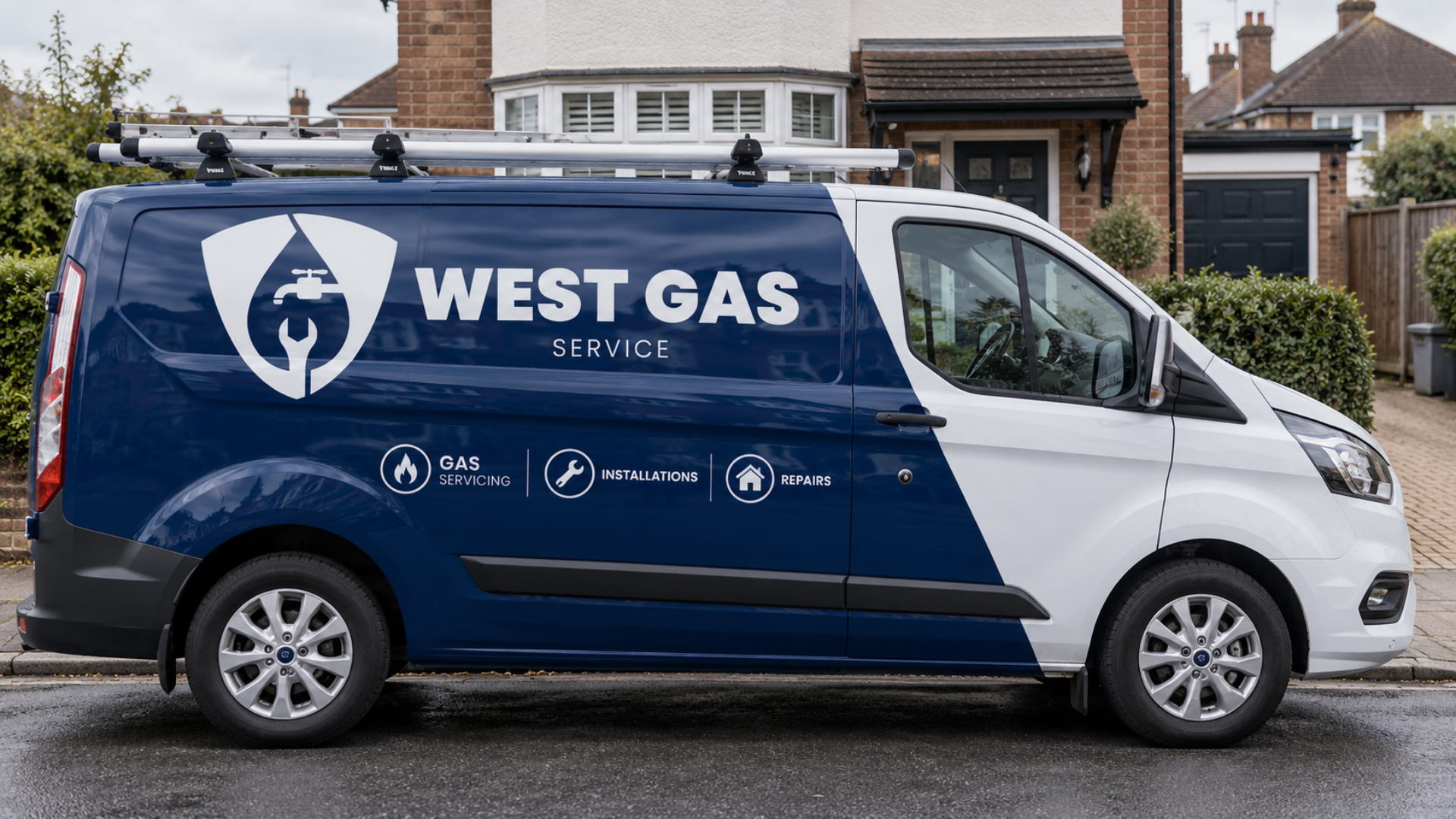 A van labeled 'West Gas Service' parked on a residential street with houses and bushes in the background.