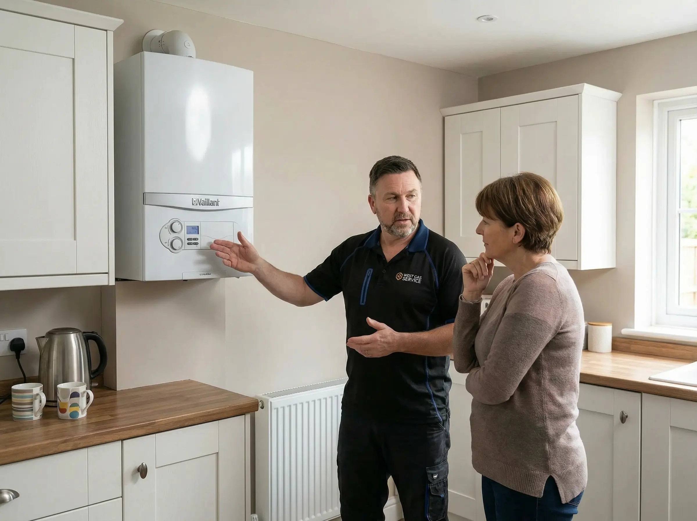 West Gas Service engineer explaining a Vaillant boiler system to a homeowner during a heating service visit.