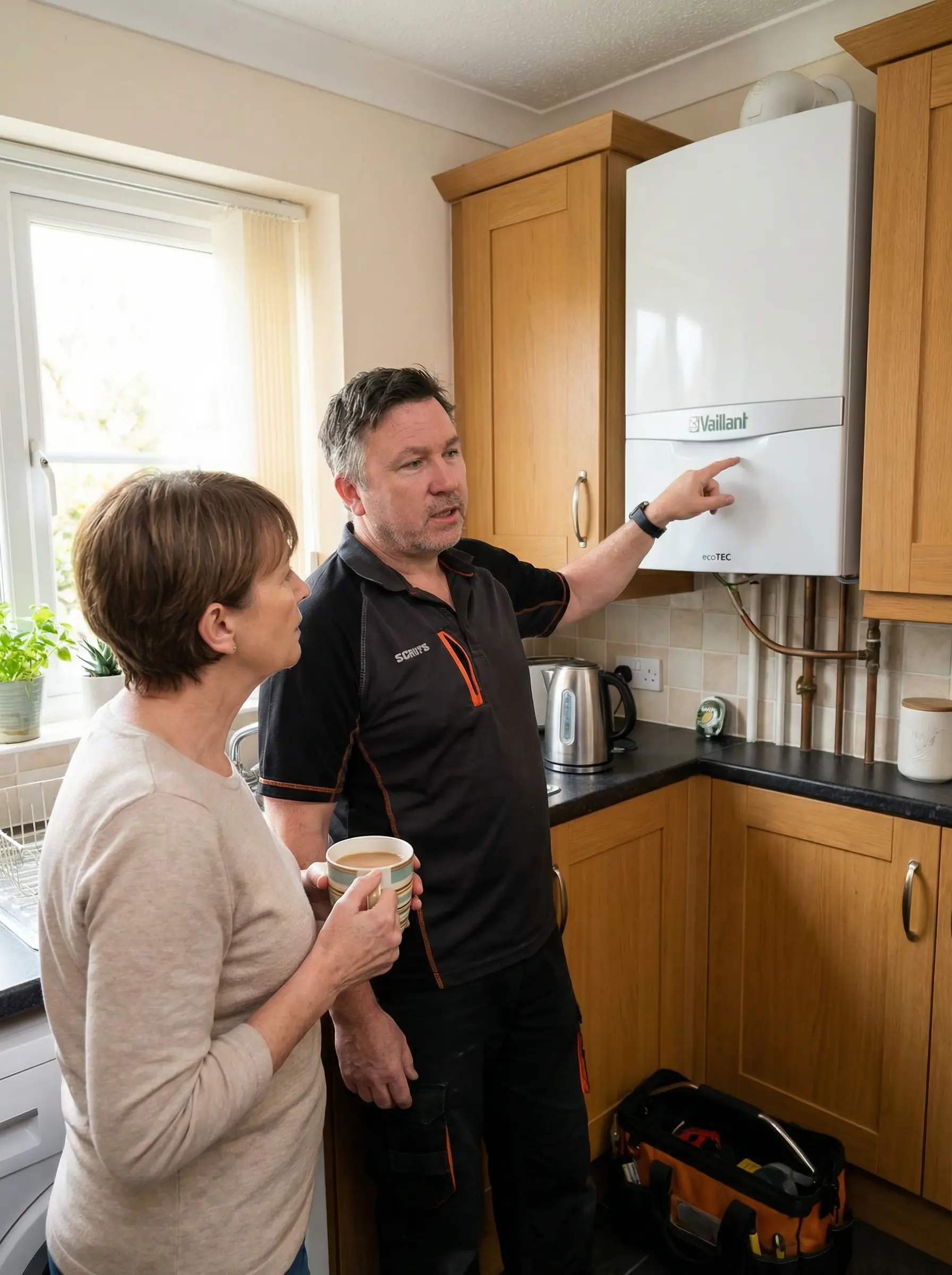A man explaining a Vaillant boiler to a woman in a kitchen while holding a mug of coffee, with the woman attentively listening.