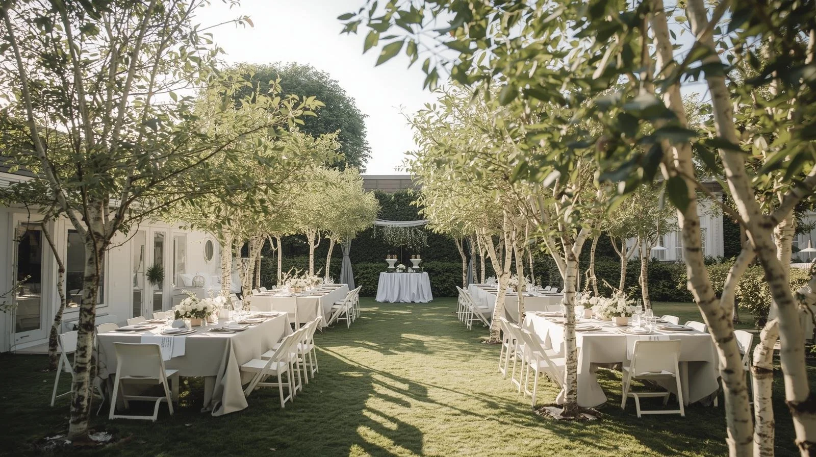 Ulkoa järjestetty juhlapöytä, jossa valkoiset pöytäliinat ja kukkakoristelu, vihreä nurmipohja ja puita ympärillä, päivänvalossa.