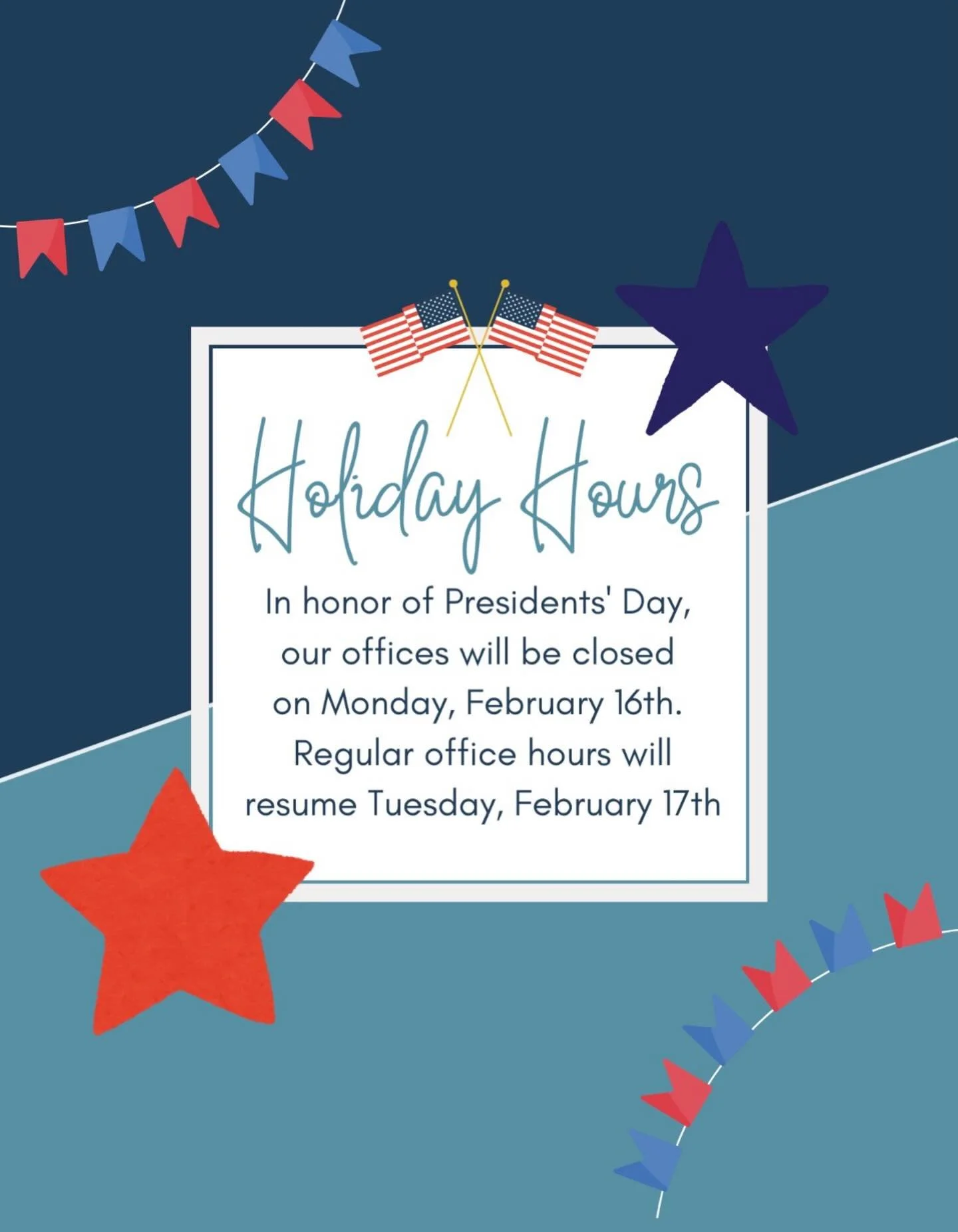 Friendly reminder that we will be closed Monday, February 16th in observance of Presidents Day 🇺🇸
