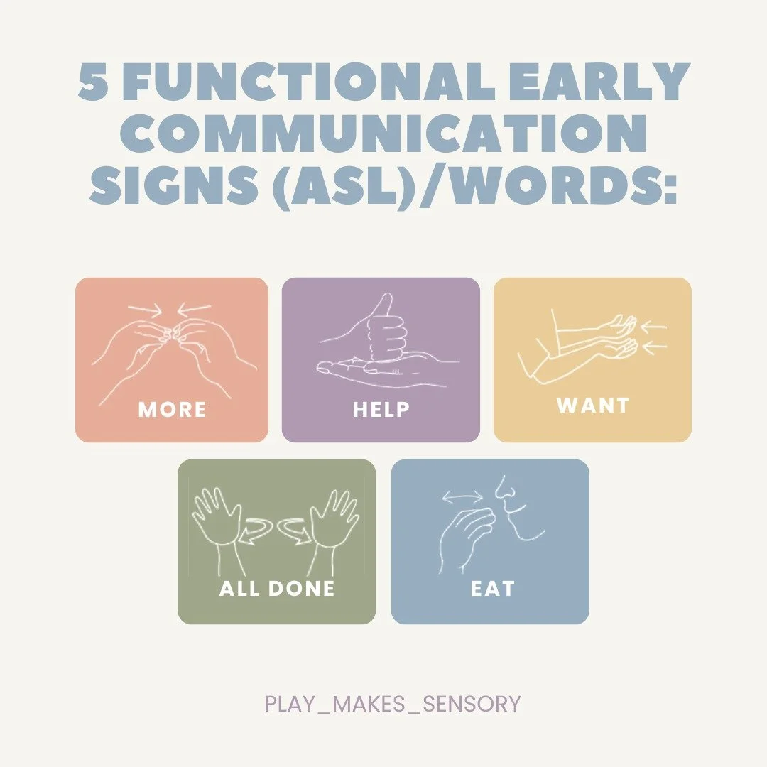Building early communication starts with functional words kids can use every day. These 5 ASL signs are powerful tools for connection and independence. ✨

#ASL #Speechtherapy #communication #allvoicesmatter #playmakessensory