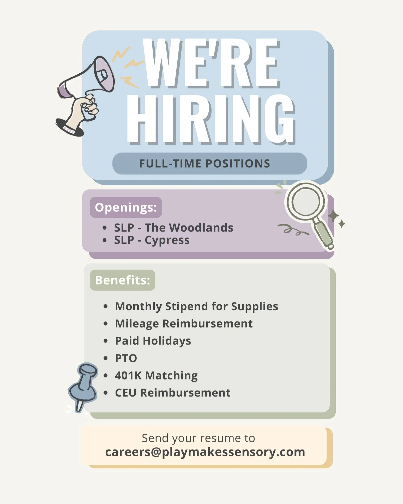 Calling all amazing SLPs! 💬✨

We&rsquo;re expanding and looking for a full‑time Speech‑Language Pathologist to serve families in Cypress and The Woodlands.
If you&rsquo;re passionate, dedicated, and ready to grow&mdash;let&rsquo;s talk!

📩 DM us or