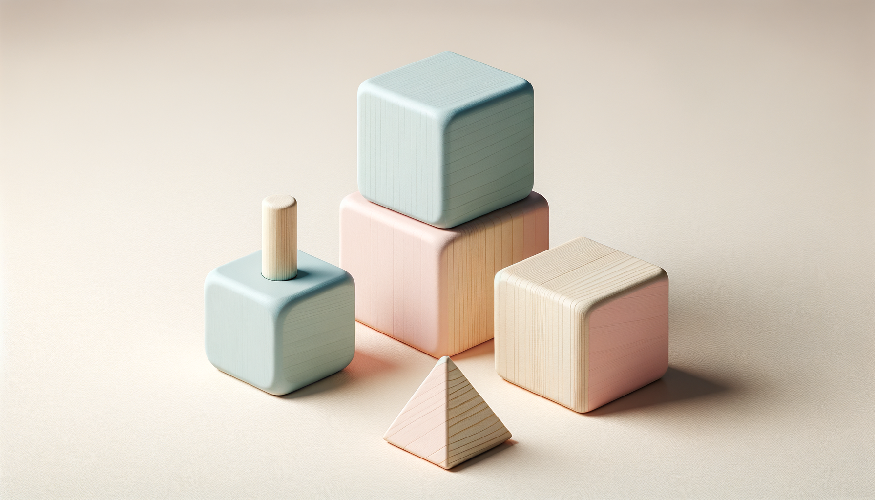 Set of pastel-colored wooden geometric blocks including a cube, pyramid, and cylinders on a light background.