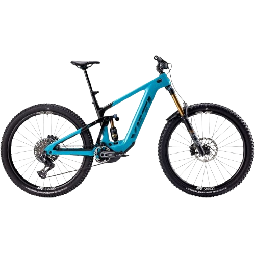 A blue full-suspension mountain bike with disc brakes and tubeless tires