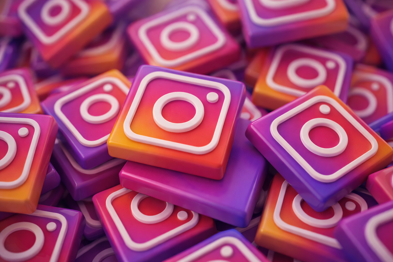 Colorful square decorations with the Instagram logo in white, piled together.