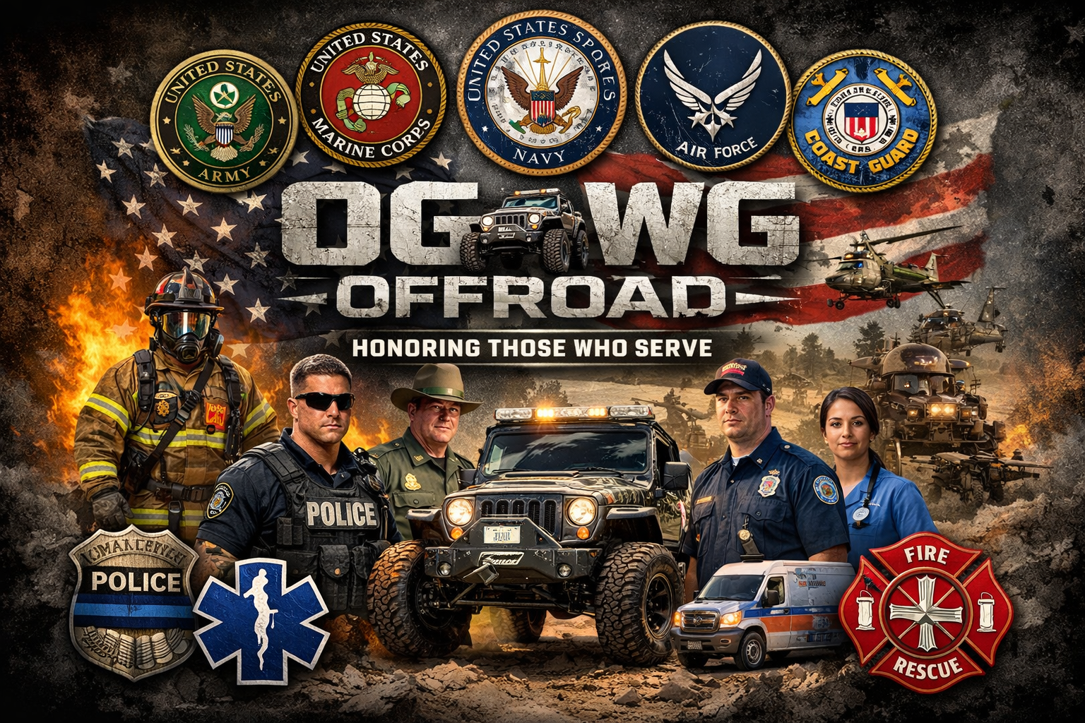 Poster honoring U.S. armed forces, featuring military patches, emergency vehicles, soldiers, police officers, firefighter, airborne helicopters, military tanks, and off-road vehicles with an American flag background.