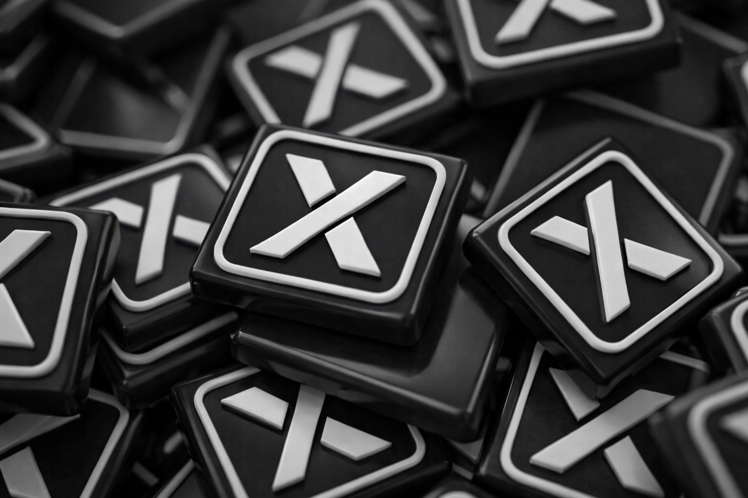 Close-up of black square tiles with white X shapes on them, scattered in a pile.