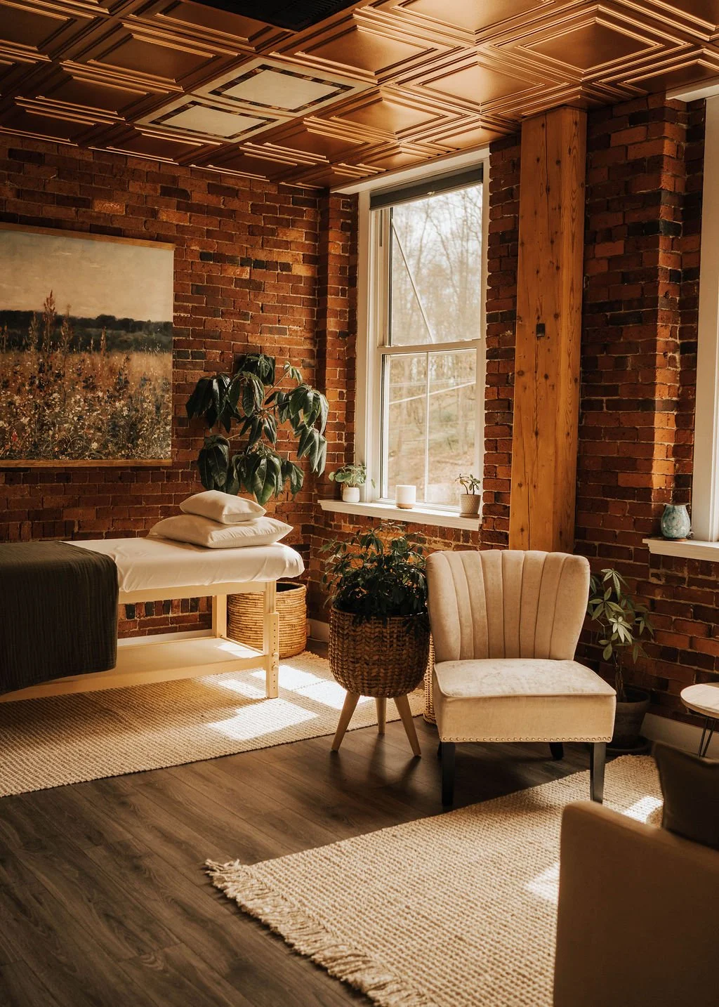 Kristie LaRocca's studio space where she works with clients, energy healing table and large windows