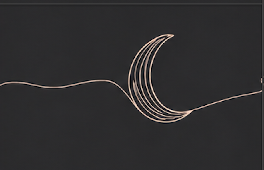 Minimalist line art of a crescent moon with a star on a dark background.