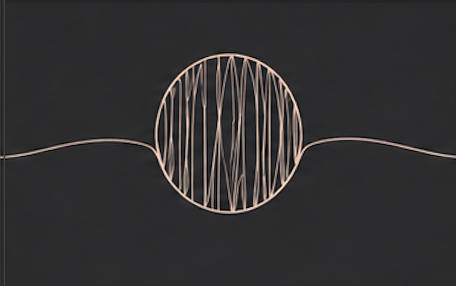 Close-up of a spherical object with thin vertical and crisscrossing lines, connected by wire on each side, set against a dark background.