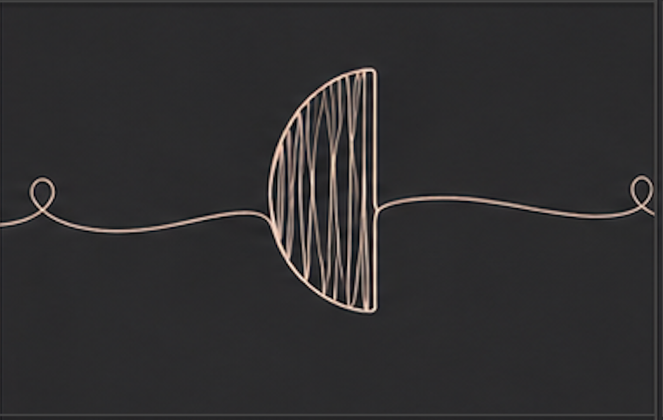 A minimalist design of a fishing hook and line with a stylized fish in the form of a half circle with lines resembling scales.