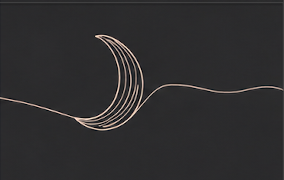 A minimalist line drawing of a crescent moon with three lines representing craters or shadows, against a black background.