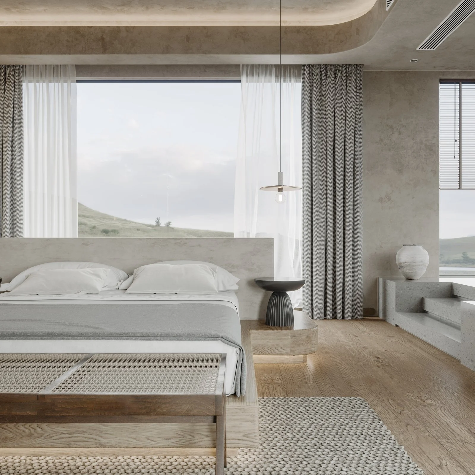 Minimalist bedroom with a bed, nightstand, decorative lamp, and large window showing an outdoor landscape