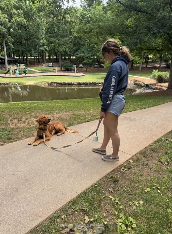 A girl in a hoodie and shorts stands on a concrete path, holding a leash attached to a golden retriever lying on the ground in a park. The park features a pond, trees, and playground equipment in the background.