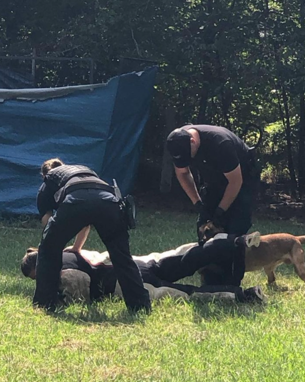 Two police officers are performing a rescue on a person with a canine nearby on a grassy area, with trees and a blue tent in the background.