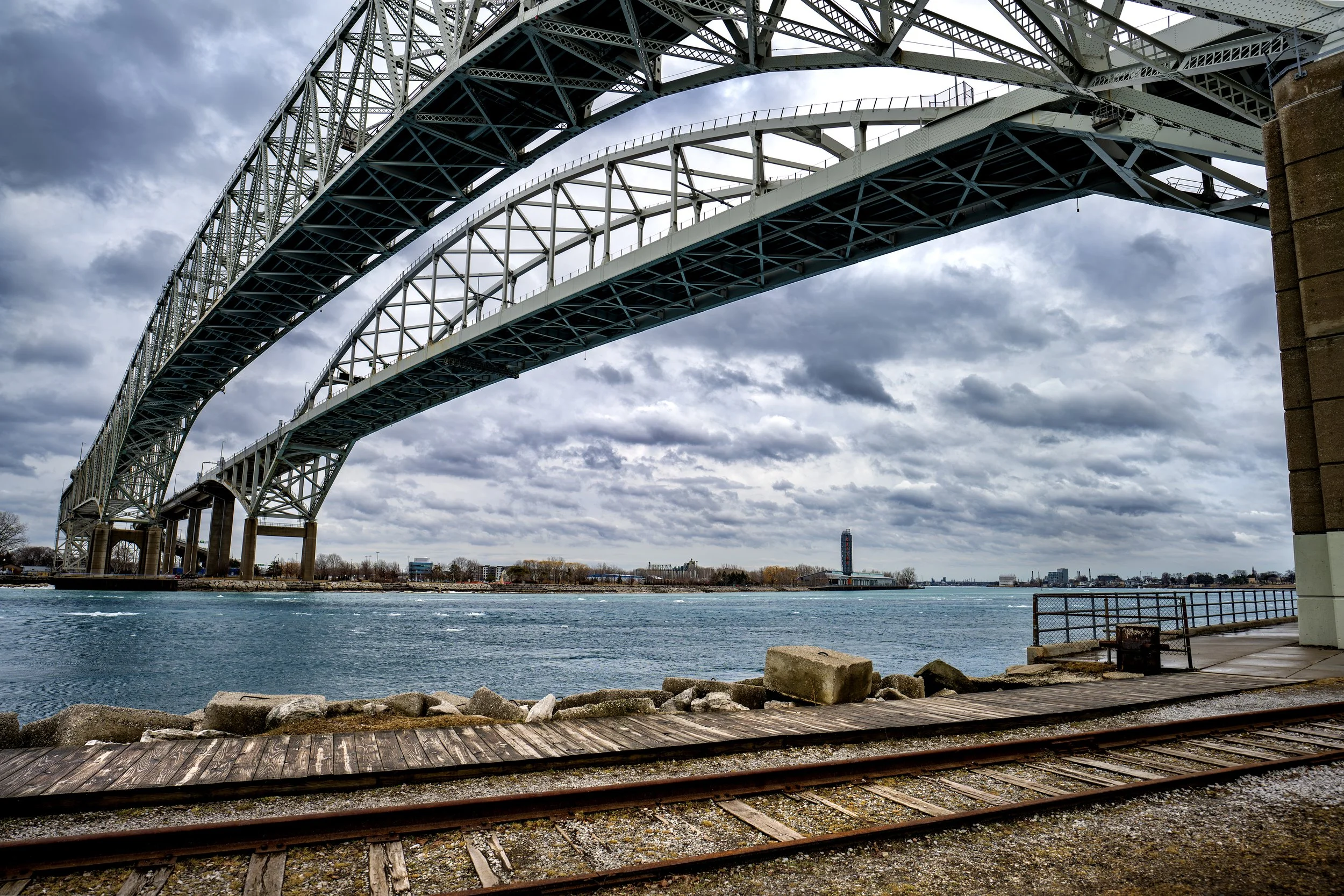 Moody clouds sweep over the Bluewater Bridge in March 2026.