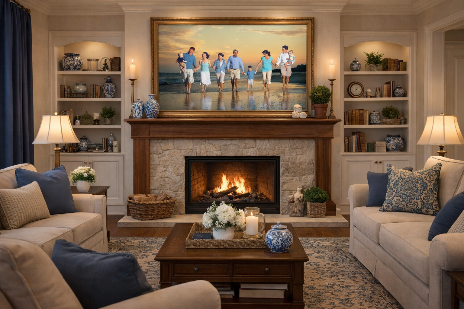 Luxury home interior design showing a large, framed fine art beach family portrait prominently displayed above a stone fireplace mantle.